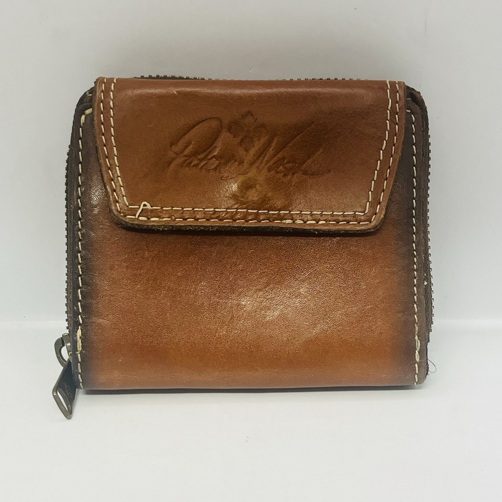 Patricia Nash Brown Leather Trifold Wallet Zip Around Coin Pocket ID Window